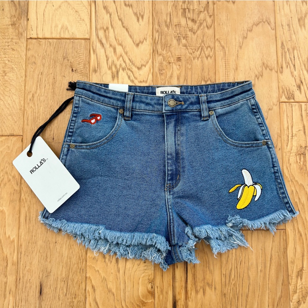 ROLLAS NWT Hightails High Rise Denim Short 28 Hippie Blue 10 Embroidered Raw Hem